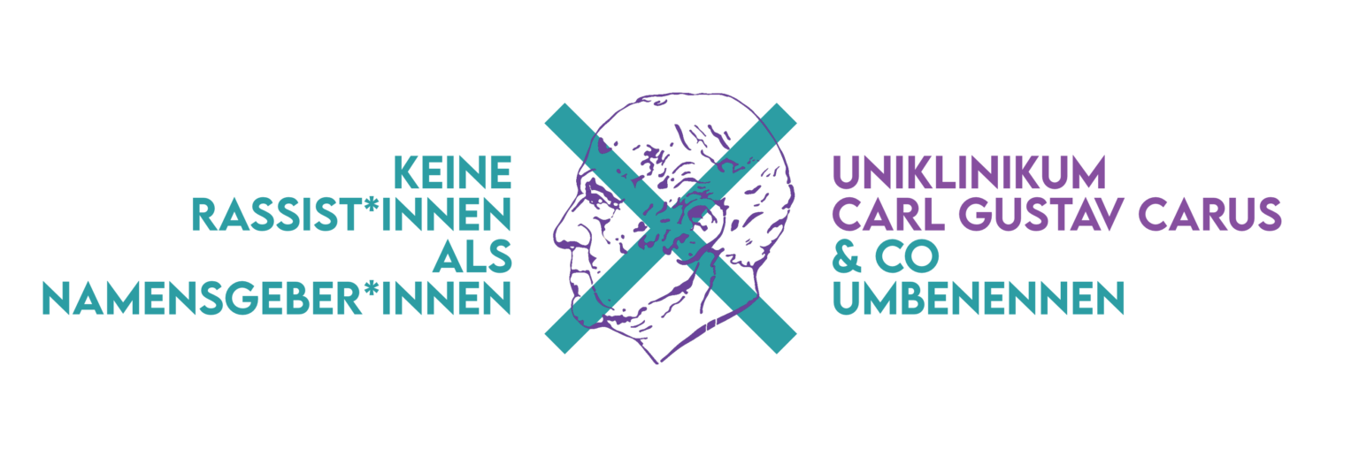 Logo Offener Brief zur Namensgebung des Universitätsklinikums und der medizinischen Fakultät Dresden mit durchstrichenem Kopf von Carl Gustav Carus
