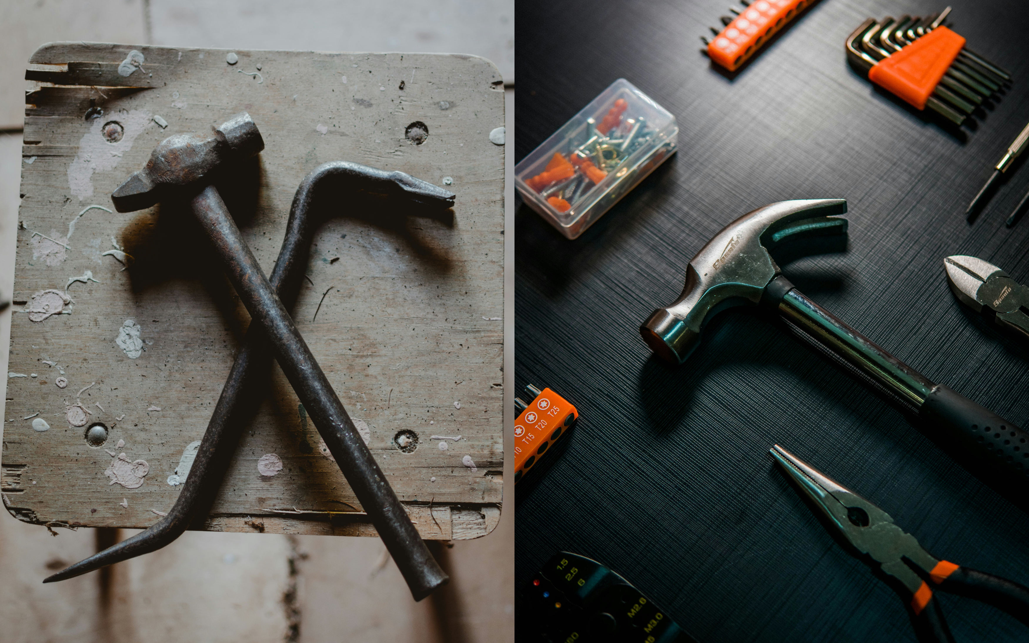 Gegenüberstellung zweier Werkzeuge: auf der linken Seite ein alter rostiger Hammer gekreuzt mit einer Brechstange auf einem staubigen, beschädigten Holzschemel, auf der rechten Seite ein fabrikneuer Hammer, umgeben von präzise ausgerichteten Werkzeugen auf sauberem Untergrund.