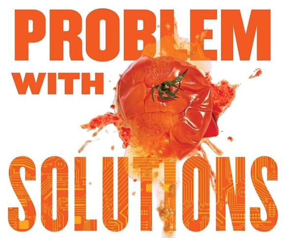„Buchcover von ‚The Problem with Solutions‘: Titel in großen orangefarbenen Buchstaben, in der Mitte eine zerplatzte Tomate.“
