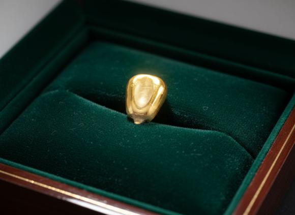 Ein einzelnes, goldfarben glänzendes Objekt in Form eines Körnerkerns liegt in einer dunkelgrünen, samtigen Schmuckschatulle aus Holz. Das Objekt erinnert an ein poliertes goldenes Weizenkorn und ist mittig in der Mulde des Etuis platziert