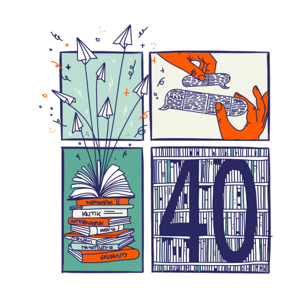 Vier quadratische Illustrationen zeigen Papierflieger, zwei Hände, die Zeitungsausschnitte halten, einen Bücherstapel mit beschrifteten Büchern und die Zahl 40 vor einem Bücherregal.