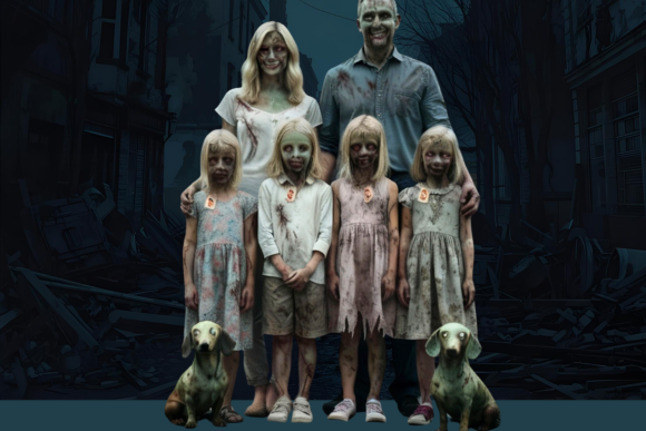 Filmplakat. Dunkler Grund, darauf die Kulisse einer verlassenen Berliner Straße bei Nacht. Im Vordergrund: eine Zombiefamilie. Vater, Mutter und 4 Kinder. Aufgestellt wie in einem Familienportrait. Alle blond. Die Kinder tragen Preisschiöder um den Hals. Zur Familie gehören zwei Dackel - ebenfalls Zombies. Die Zombies schauen den*die Betrachter*in an. Die Überschrift ist von der Schriftart an Horrorfilme angelehnt. Sie lautet: Der blanke Horror - Pronatalismus von rechts. Text: Podiumsdiskussion mit anschli