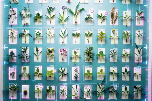 Anordnung von verschiedenen Pflanzenblättern und -zweigen auf weißen Karten vor blauem Hintergrund in einem Rastermuster