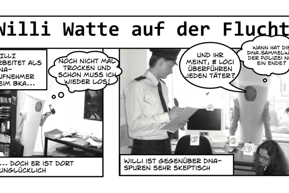Die ersten beiden Panels des GeN-Comics "Willi Watte auf der Flucht": Das erste Bild zeigt das überdimensionale Wattestäbchen Willi auf dem Weg zur Arbeit bei der Polizei, im zweiten Bild diskutiert Willi mit Arbeitskolleg*innen. 